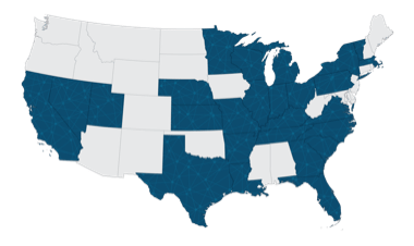 A heat map image of the United States with the Reyes Fleet Management presence.