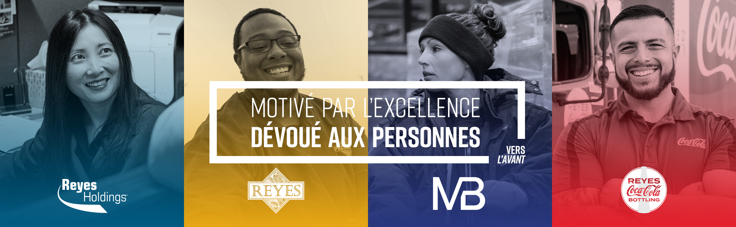 Collage d'images de plusieurs logos, couleurs et divers employés de la famille d'entreprises Reyes.