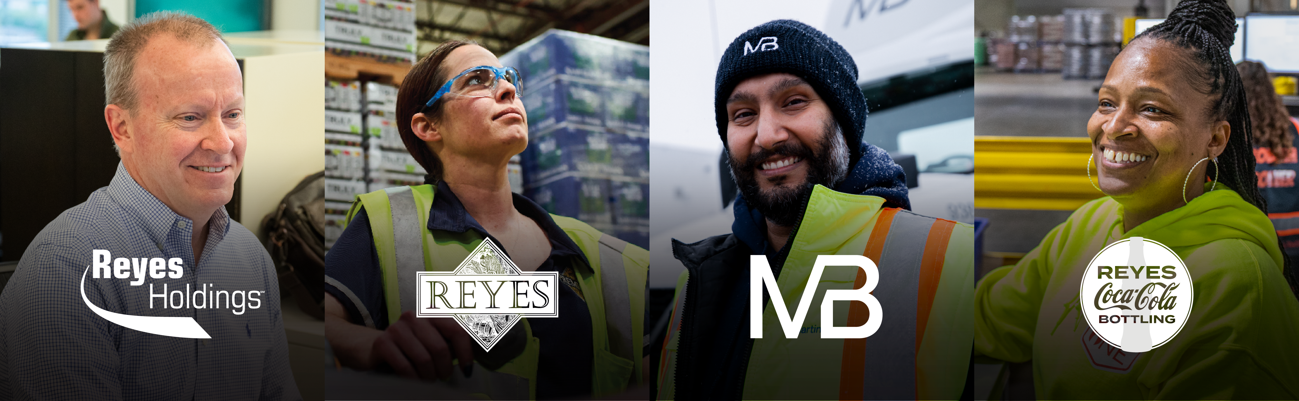 iCIMS Banners 2400×742 Image collage of several Reyes Family of Businesses logos, colors and diverse employees.